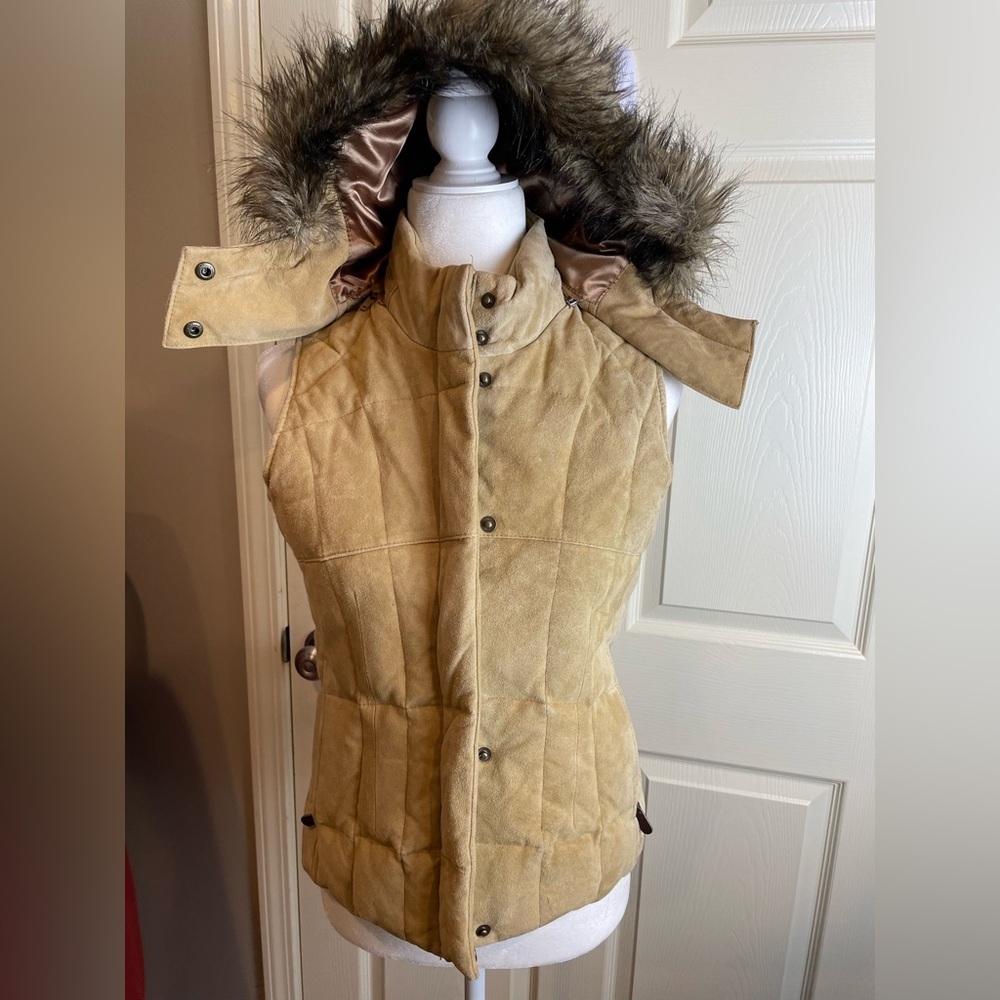 Eddie Bauer Suede down Vest with removable fur trimmed hood